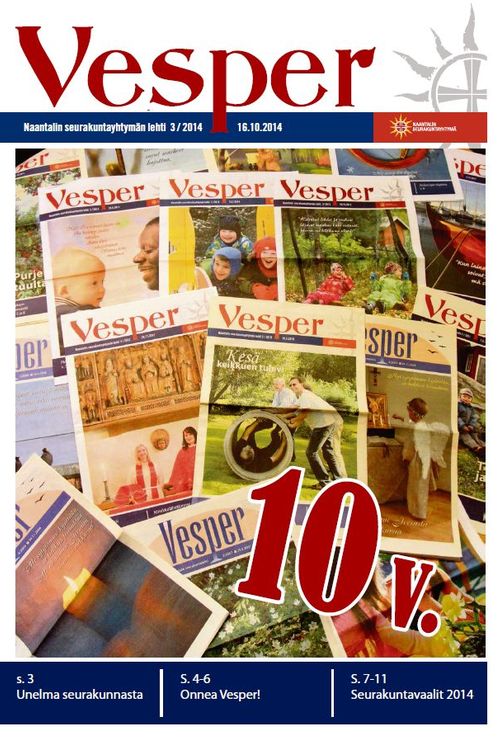 Seurakuntalehti Vesperin 10-vuotisjuhlalehden kansikuva. Kuvassa Vesperin kansikuvia eri vuosilta.
